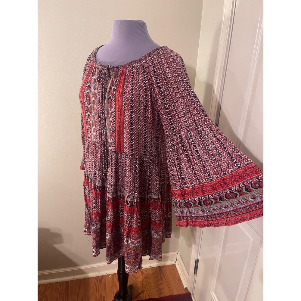 Angie Womens Red Boho Print Bell Sleeve Tiered mini dress Size M Rayon Shift